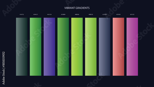 Vibrant Gradient Color Palette Swatches with HEX Codes for UI and Branding on Dark Background