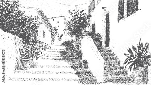 Stairs and buildings in a street setting. Detailed black and white vector illustration with plants in pots. Vintage architecture in a peaceful environment.