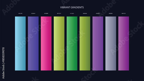 Vibrant Gradient Color Palette Swatches with HEX Codes for UI and Branding on Dark Background