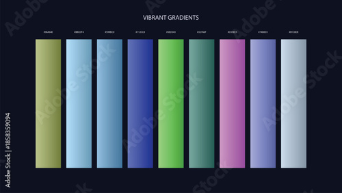 Vibrant Gradient Color Palette Swatches with HEX Codes for UI and Branding on Dark Background