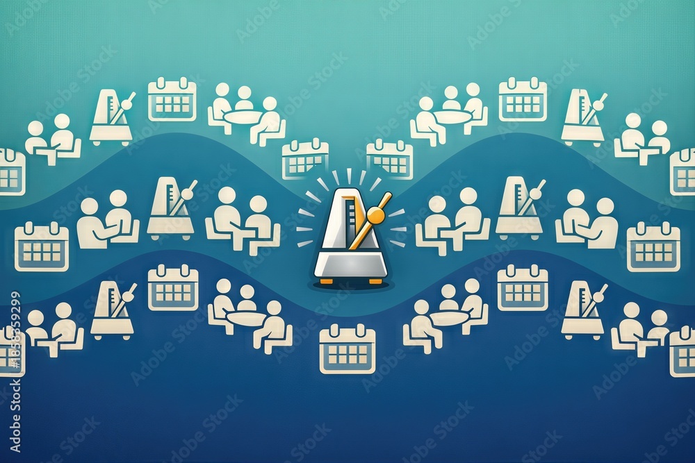 Obraz premium Creative collaboration design featuring calendar symbols and a metronome to symbolize time management and team synergy in a fluid, modernized workspace environment