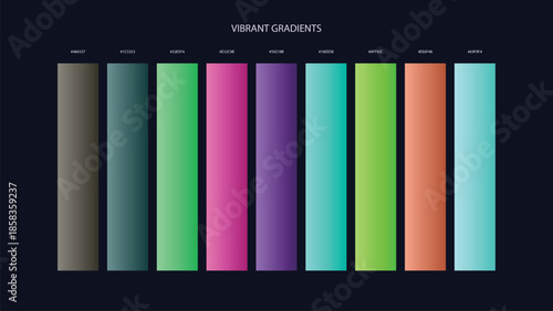 Vibrant Gradient Color Palette Swatches with HEX Codes for UI and Branding on Dark Background