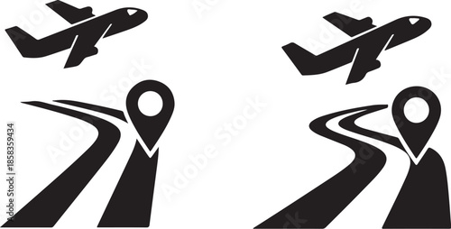 Airplane flight path and location pin icons set for travel navigation