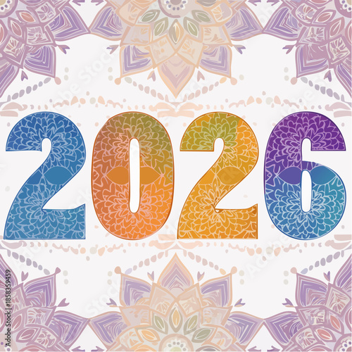 Vibrant 2026 typography with colorful floral mandala design