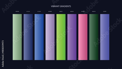 Vibrant Gradient Color Palette Swatches with HEX Codes for UI and Branding on Dark Background