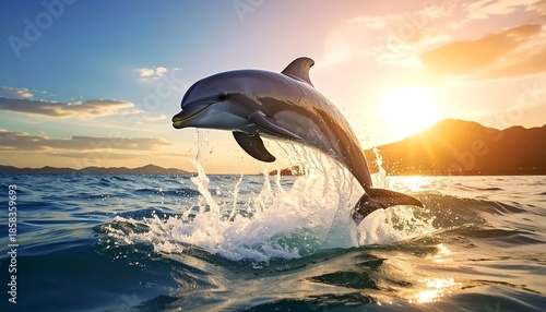 A playful dolphin leaps from ocean water as the sun sets. Mountains are visible in the distance. The sky is partially covered by clouds