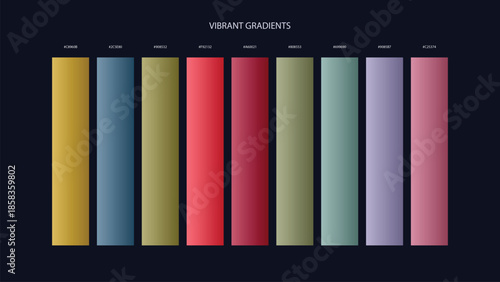 Vibrant Gradient Color Palette Swatches with HEX Codes for UI and Branding on Dark Background