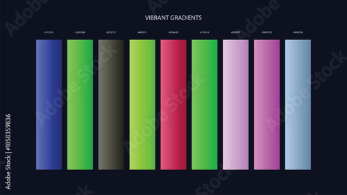 Vibrant Gradient Color Palette Swatches with HEX Codes for UI and Branding on Dark Background
