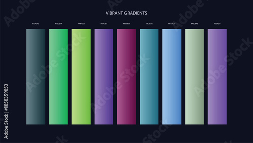 Vibrant Gradient Color Palette Swatches with HEX Codes for UI and Branding on Dark Background