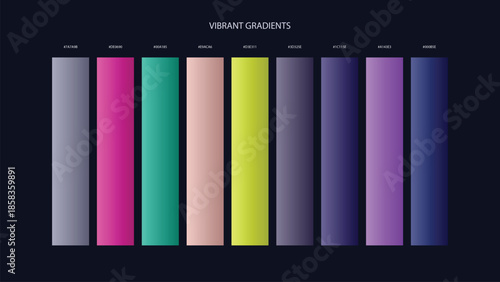 Vibrant Gradient Color Palette Swatches with HEX Codes for UI and Branding on Dark Background