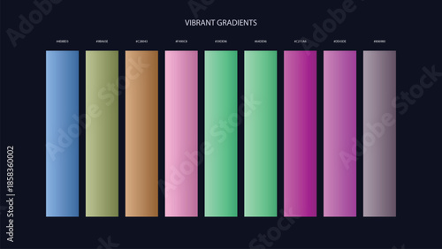Vibrant Gradient Color Palette Swatches with HEX Codes for UI and Branding on Dark Background