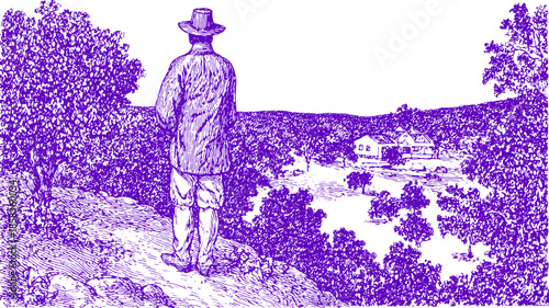 Man in a hat standing outdoors, overlooking a tranquil landscape with trees and a distant view. Vintage vector illustration showcasing nature.