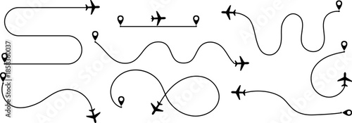 Flight path designs illustrating airplane tracking routes with dynamic dotted lines for travel maps and aviation concepts PNG