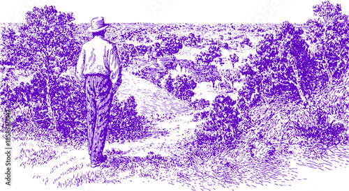 A man is observing a vast landscape with trees and fields. This purple vector illustration emphasizes details of nature and rural scenery in a set.