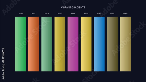 Vibrant Gradient Color Palette Swatches with HEX Codes for UI and Branding on Dark Background