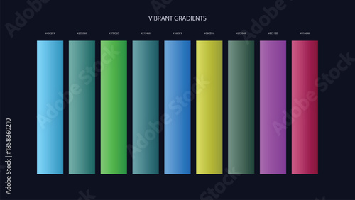 Vibrant Gradient Color Palette Swatches with HEX Codes for UI and Branding on Dark Background