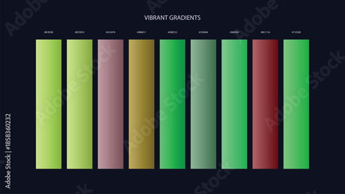 Vibrant Gradient Color Palette Swatches with HEX Codes for UI and Branding on Dark Background