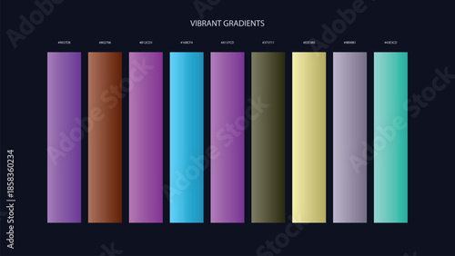 Vibrant Gradient Color Palette Swatches with HEX Codes for UI and Branding on Dark Background