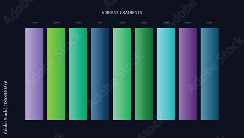 Vibrant Gradient Color Palette Swatches with HEX Codes for UI and Branding on Dark Background
