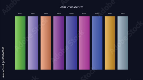 Vibrant Gradient Color Palette Swatches with HEX Codes for UI and Branding on Dark Background