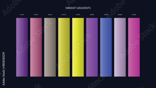 Vibrant Gradient Color Palette Swatches with HEX Codes for UI and Branding on Dark Background