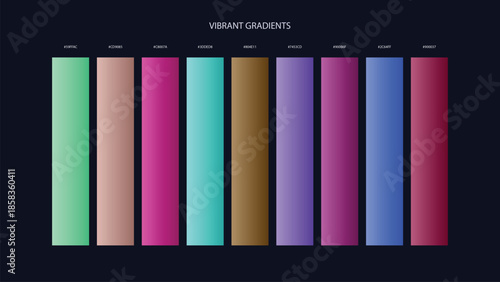 Vibrant Gradient Color Palette Swatches with HEX Codes for UI and Branding on Dark Background