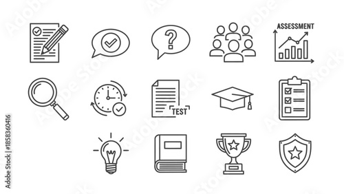 Collection of educational and assessment-related line icons for various purposes.