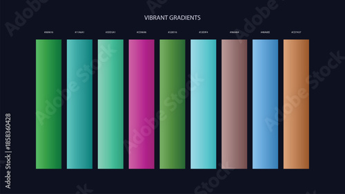 Vibrant Gradient Color Palette Swatches with HEX Codes for UI and Branding on Dark Background