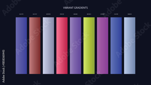 Vibrant Gradient Color Palette Swatches with HEX Codes for UI and Branding on Dark Background