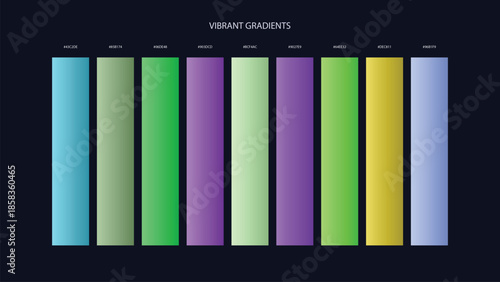 Vibrant Gradient Color Palette Swatches with HEX Codes for UI and Branding on Dark Background