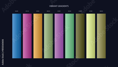 Vibrant Gradient Color Palette Swatches with HEX Codes for UI and Branding on Dark Background