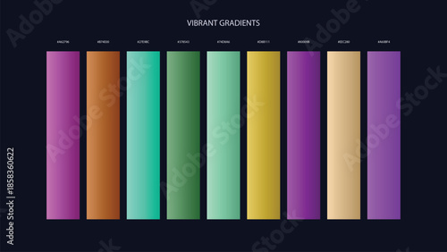Vibrant Gradient Color Palette Swatches with HEX Codes for UI and Branding on Dark Background