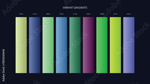 Vibrant Gradient Color Palette Swatches with HEX Codes for UI and Branding on Dark Background