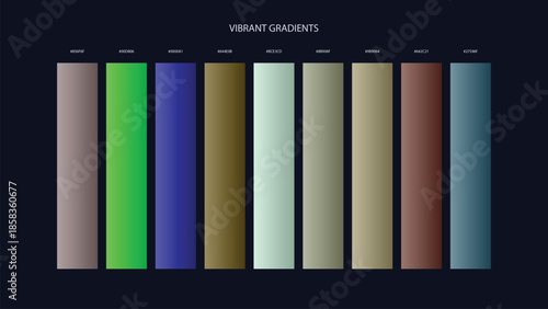 Vibrant Gradient Color Palette Swatches with HEX Codes for UI and Branding on Dark Background