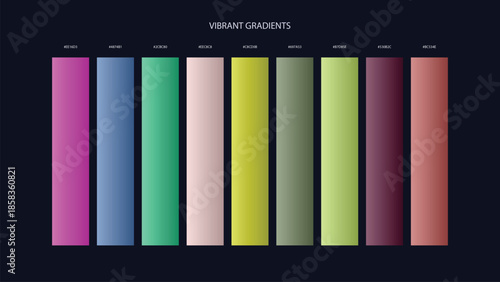 Vibrant Gradient Color Palette Swatches with HEX Codes for UI and Branding on Dark Background
