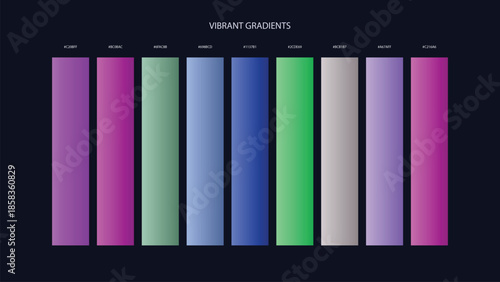 Vibrant Gradient Color Palette Swatches with HEX Codes for UI and Branding on Dark Background