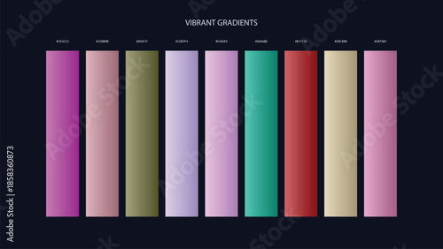 Vibrant Gradient Color Palette Swatches with HEX Codes for UI and Branding on Dark Background