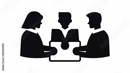 Teamwork concept with three people completing a puzzle together