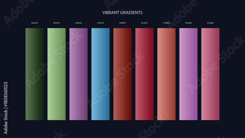 Vibrant Gradient Color Palette Swatches with HEX Codes for UI and Branding on Dark Background