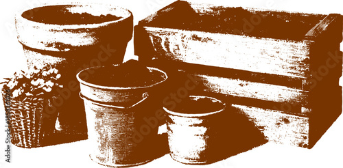 Set of vintage garden containers: pots, buckets, and a wooden planter. Brown textured vector illustration showcasing gardening tools.