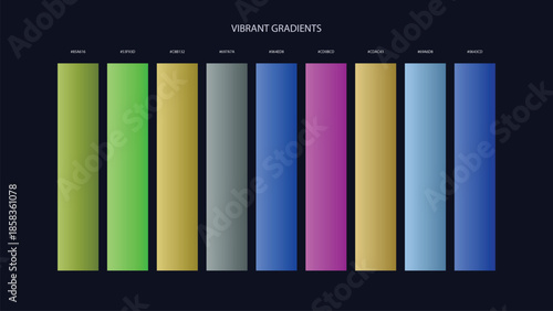 Vibrant Gradient Color Palette Swatches with HEX Codes for UI and Branding on Dark Background
