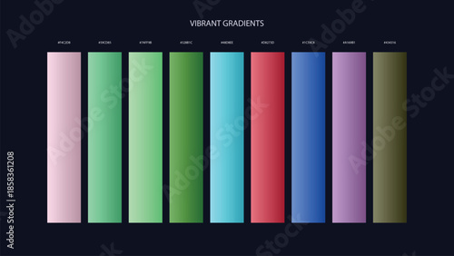Vibrant Gradient Color Palette Swatches with HEX Codes for UI and Branding on Dark Background