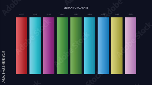 Vibrant Gradient Color Palette Swatches with HEX Codes for UI and Branding on Dark Background