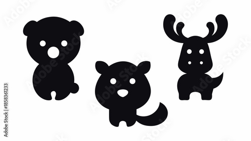 Cute animal silhouettes of bear, beaver, and moose