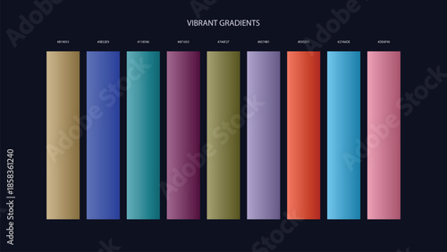 Vibrant Gradient Color Palette Swatches with HEX Codes for UI and Branding on Dark Background