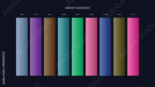 Vibrant Gradient Color Palette Swatches with HEX Codes for UI and Branding on Dark Background