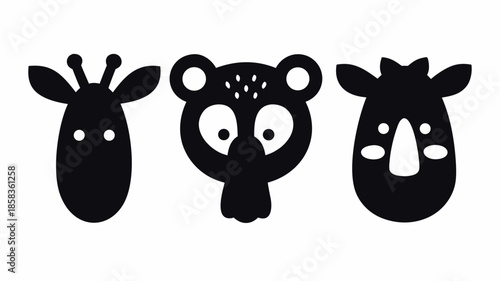 Black silhouettes of giraffe, tiger, and rhino heads on white background