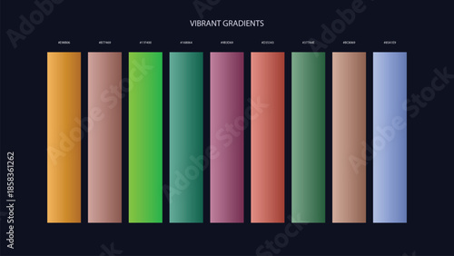 Vibrant Gradient Color Palette Swatches with HEX Codes for UI and Branding on Dark Background