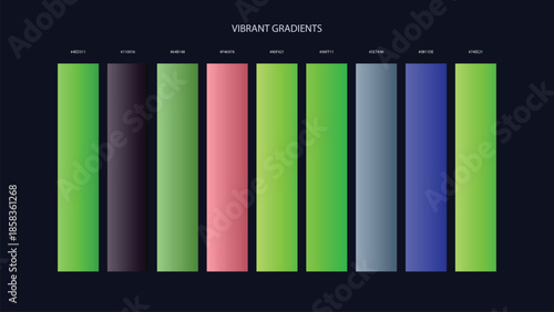 Vibrant Gradient Color Palette Swatches with HEX Codes for UI and Branding on Dark Background