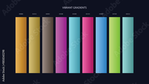 Vibrant Gradient Color Palette Swatches with HEX Codes for UI and Branding on Dark Background